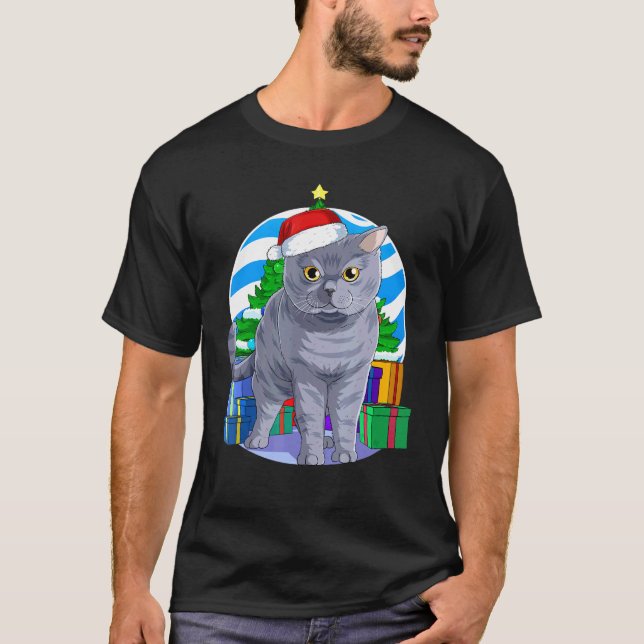British Shorthair Cat Cute Santa Christmas Tree De T-Shirt (Vorderseite)