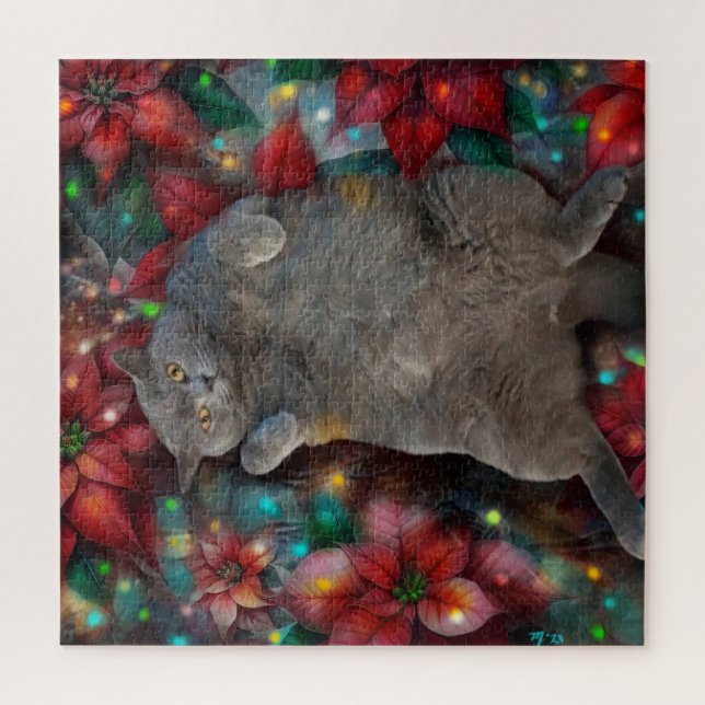 British Shorthair Cat Kitty in Poinsettias Lights (Vertikal)