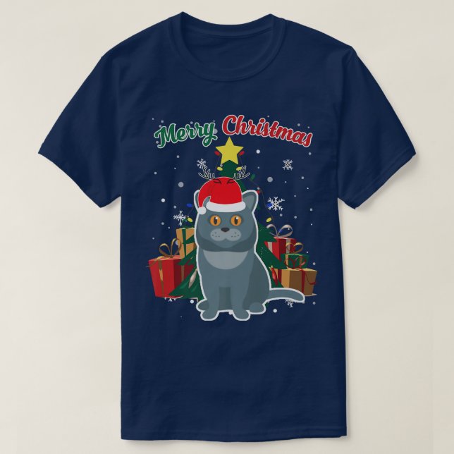 British Shorthair Christmas Tree Snow Flakes Xmas  T-Shirt (Design vorne)