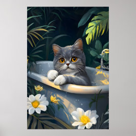 British Shorthair In Bathtub Poster, Funny Cat Poster