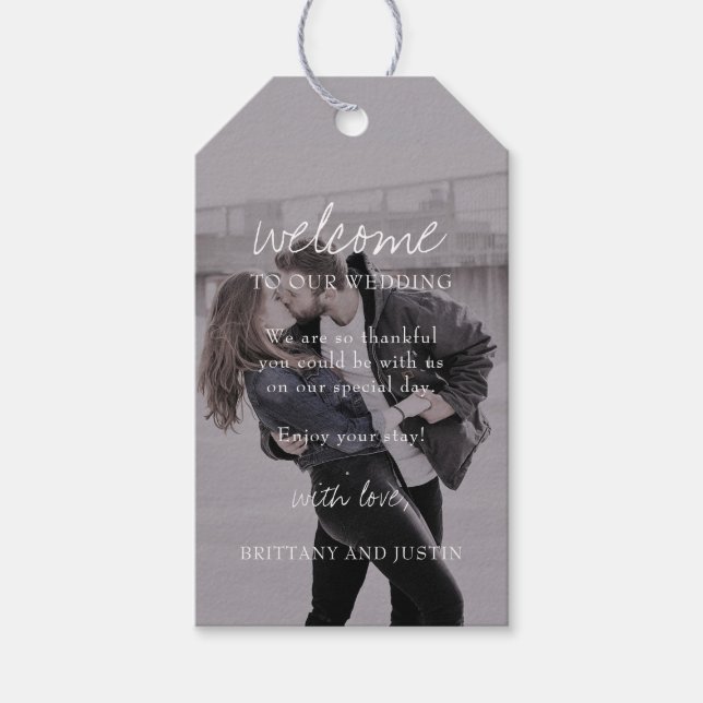Brittany Elegante Script 2 Foto Wedding Willkommen Geschenkanhänger (Vorderseite)