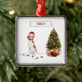 Brittany Funny Christmas Dog and Tree Ornament Aus Metall