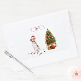 Brittany Funny Christmas Dog and Tree Rechteckiger Aufkleber