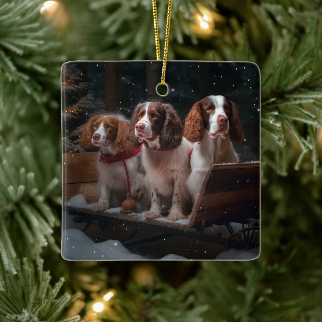 Brittany Spanel Snowy Sleigh Weihnachtsdekor Keramikornament (Baum)