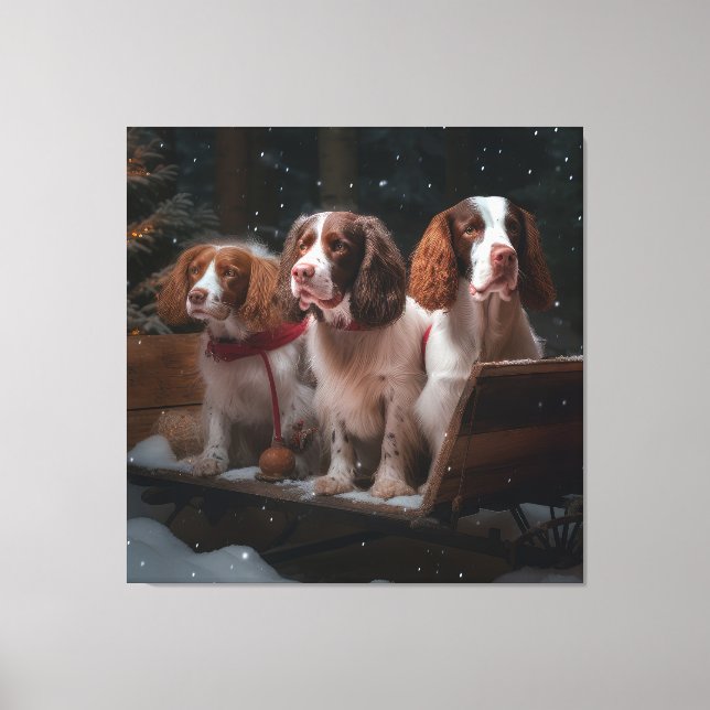 Brittany Spanel Snowy Sleigh Weihnachtsdekor Leinwanddruck (Vorderseite)