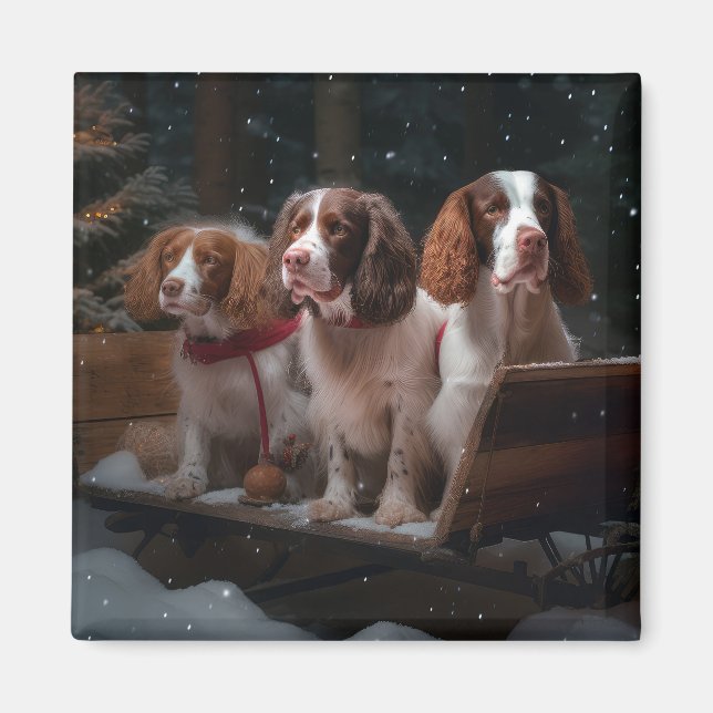 Brittany Spanel Snowy Sleigh Weihnachtsdekor Magnet (Vorne)