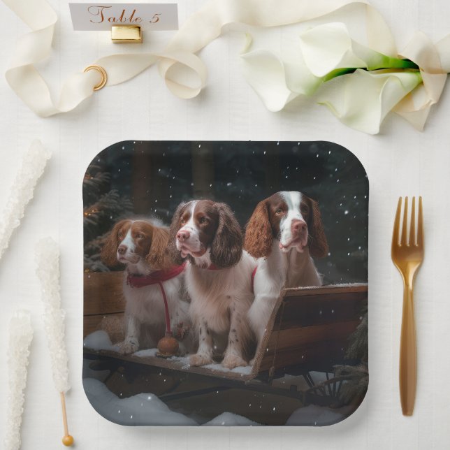 Brittany Spanel Snowy Sleigh Weihnachtsdekor Pappteller (Hochzeit)