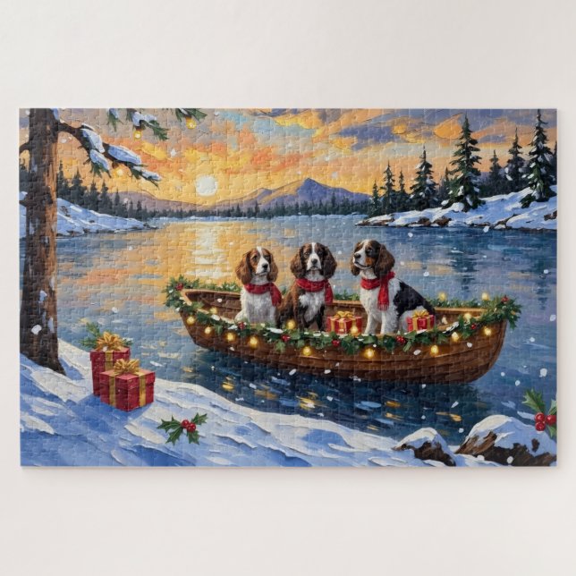 Brittany Spaniel Christmas Boat Holiday (Horizontal)