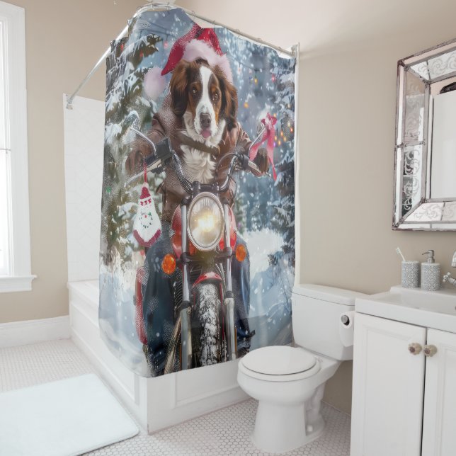 Brittany Spaniel Dog Riding Motorrad Weihnachten Duschvorhang (Beispiel)