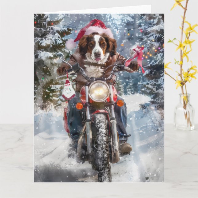 Brittany Spaniel Dog Riding Motorrad Weihnachten Karte (Gelbe Blume)