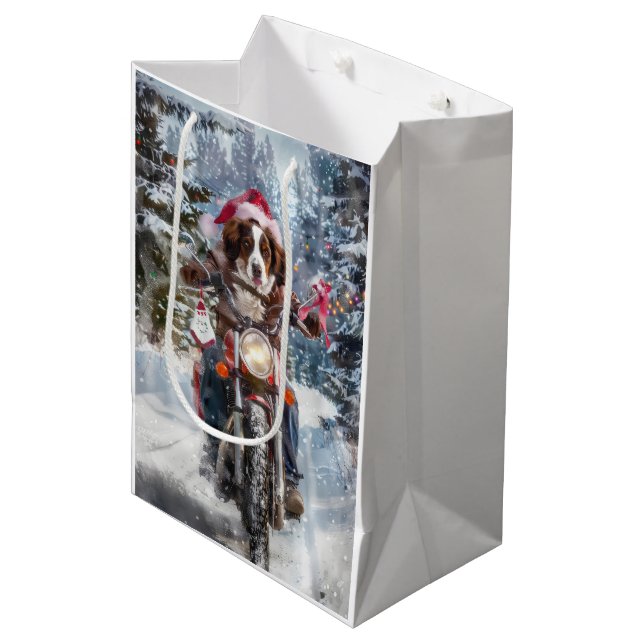 Brittany Spaniel Dog Riding Motorrad Weihnachten Mittlere Geschenktüte (Vorderseite Schrägansicht)