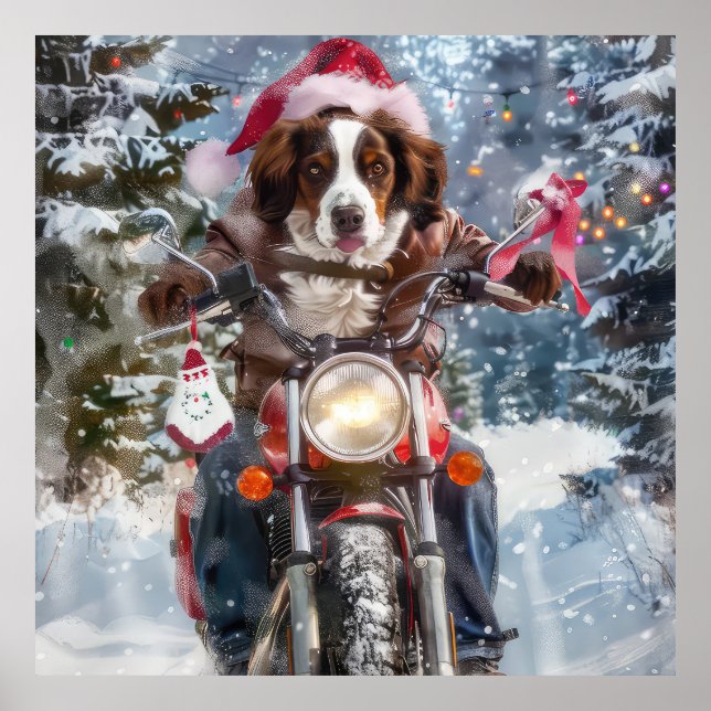 Brittany Spaniel Dog Riding Motorrad Weihnachten Poster (Vorne)