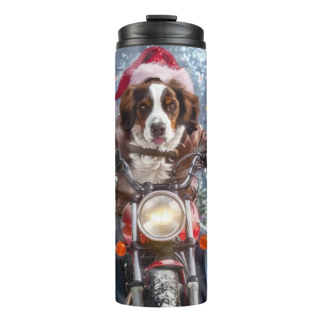 Brittany Spaniel Dog Riding Motorrad Weihnachten Thermosbecher (Vorderseite)