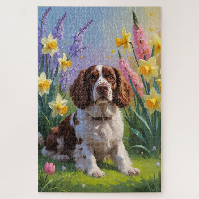 Brittany Spaniel Dog Spring Blumen Malerei (Vertikal)