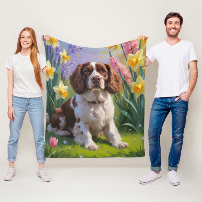 Brittany Spaniel Dog Spring Blumen Malerei Fleecedecke (Beispiel)