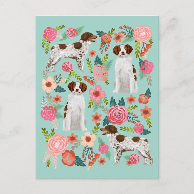 Brittany Spaniel Dog Vintag Florals Art Postkarte (Vorderseite)