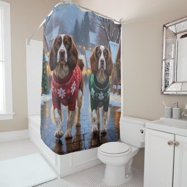 Brittany Spaniel Dogs Christmas Snow Holiday Duschvorhang (Beispiel)