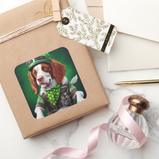Brittany Spaniel Fahrrad St. Patrick's Day Quadratischer Aufkleber (Schenken)