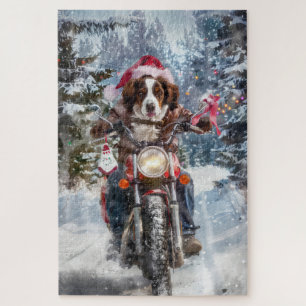 Brittany Spaniel Hund fährt Motorrad Weihnachten