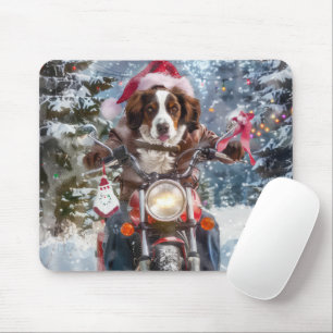 Brittany Spaniel Hund fährt Motorrad Weihnachten Mousepad