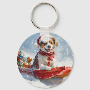 Brittany Spaniel Hund im Schlitten Weihnachten Schlüsselanhänger