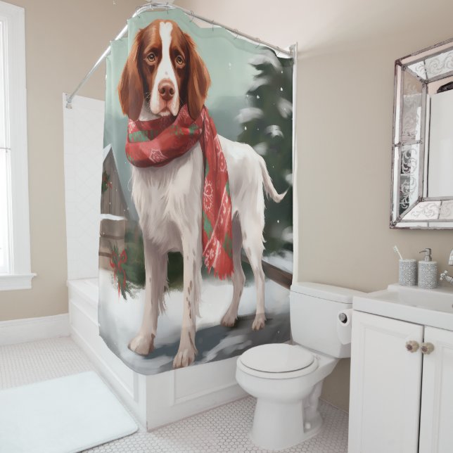 Brittany Spaniel Hund in Schnee Weihnachten Duschvorhang (Beispiel)