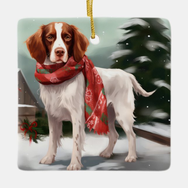 Brittany Spaniel Hund in Schnee Weihnachten Keramikornament (Vorderseite)