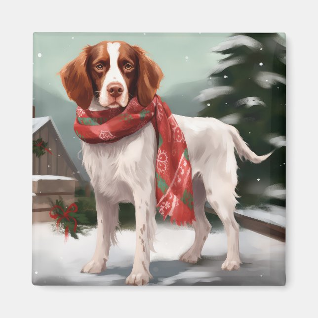 Brittany Spaniel Hund in Schnee Weihnachten Magnet (Vorne)