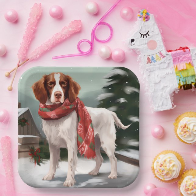 Brittany Spaniel Hund in Schnee Weihnachten Pappteller (Party)