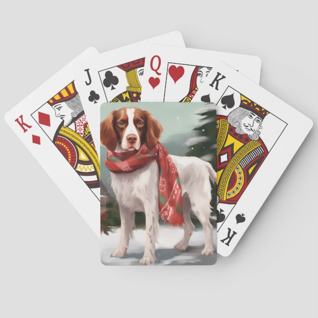 Brittany Spaniel Hund in Schnee Weihnachten Spielkarten (Rückseite)