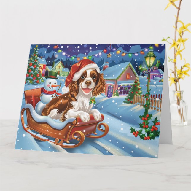 Brittany Spaniel Hund in Sleigh Snow Weihnachten Karte (Gelbe Blume)