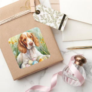 Brittany Spaniel Hund mit Ostereiern Feiertag Quadratischer Aufkleber