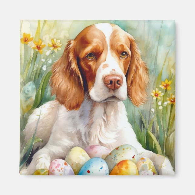 Brittany Spaniel Hund mit Ostereiern Urlaub Magnet (Vorne)