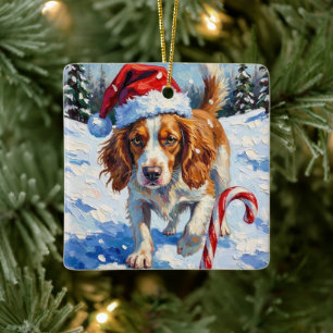 Brittany Spaniel Hund zeigt auf Weihnachtsbonbon Keramikornament