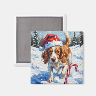 Brittany Spaniel Hund zeigt auf Weihnachtsbonbon Magnet