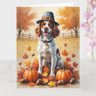 Brittany Spaniel im Herbstlaub Thanksgiving Kunst Karte