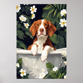 Brittany Spaniel In Bathtub Poster, Funny Dog Poster