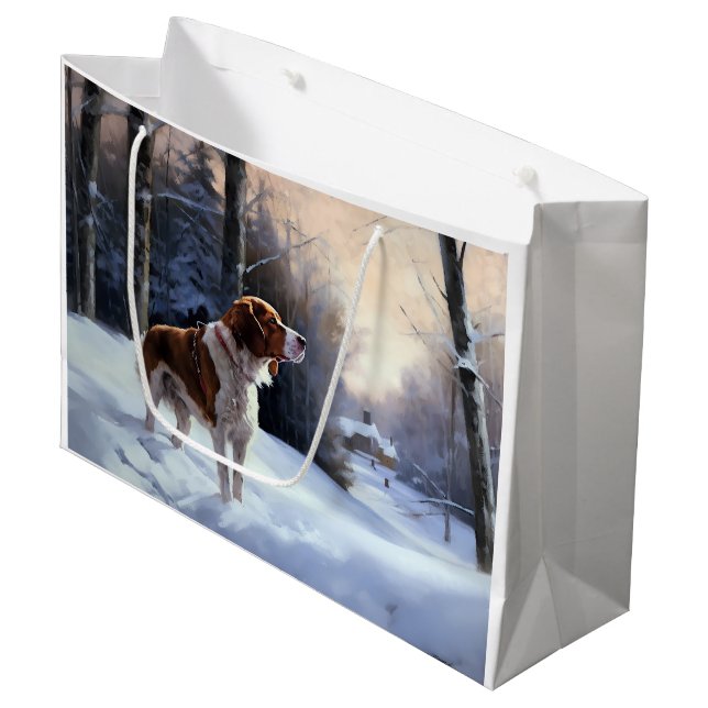Brittany Spaniel Let It Snow Weihnachten Große Geschenktüte (Vorderseite Schrägansicht)