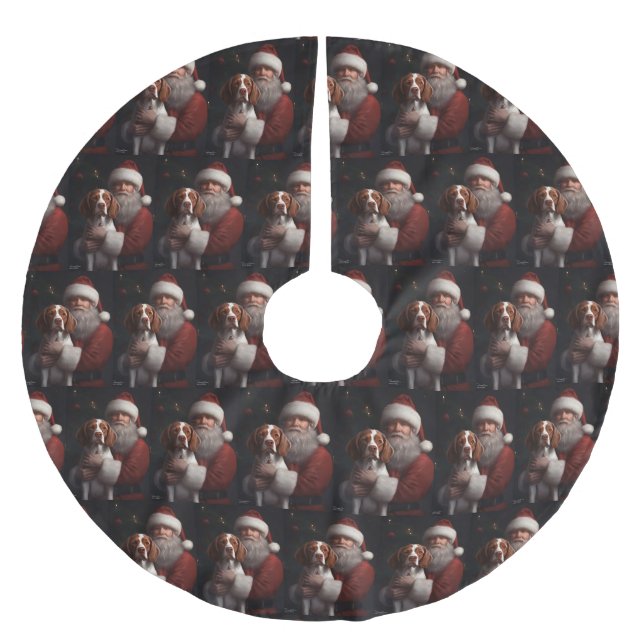 Brittany Spaniel mit Weihnachten im Weihnachtsmann Polyester Weihnachtsbaumdecke (Vorderseite)