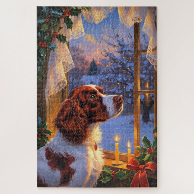 Brittany Spaniel mit Weihnachtsbeleuchtung Feierta (Vertikal)