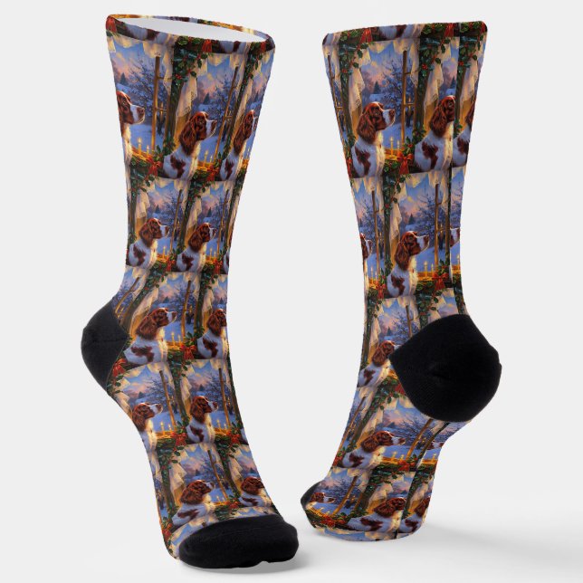 Brittany Spaniel mit Weihnachtsbeleuchtung Urlaub Socken (Gewinkelt)