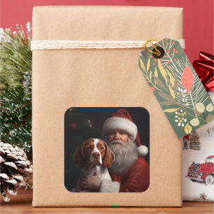 Brittany Spaniel mit Weihnachtsmann Weihnachten Quadratischer Aufkleber