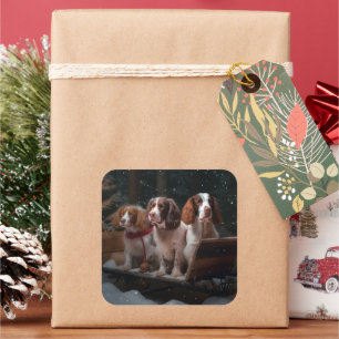 Brittany Spaniel Schneeschlitten Weihnachtsdekorat Quadratischer Aufkleber