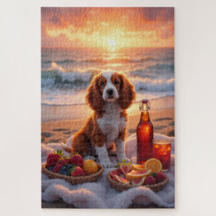 Brittany Spaniel Sonnenuntergang Strand Picknick