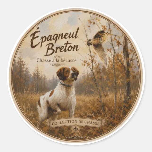 Brittany Spaniel und Waldschnepfe  Runder Aufkleber (Vorderseite)