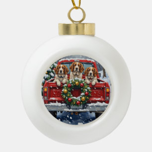Brittany Spaniel Weihnachten Rotes Lastwagen Ferie Keramik Kugel-Ornament