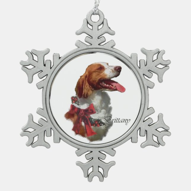 Brittany Spaniel Weihnachten Schneeflocken Zinn-Ornament (Vorderseite)