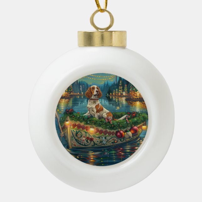 Brittany Spaniel Weihnachts Feierliche Reise Keramik Kugel-Ornament (Vorderseite)