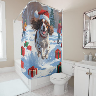 Brittany Spaniel Weihnachtsfestliche Schneeszene Duschvorhang