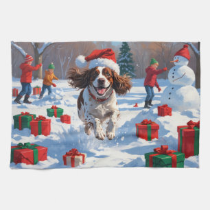 Brittany Spaniel Weihnachtsfestliche Schneeszene Geschirrtuch